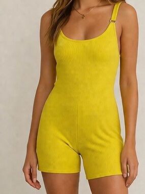 Forever 21 Ribbed Neon Yellow Spandex Romper Size M